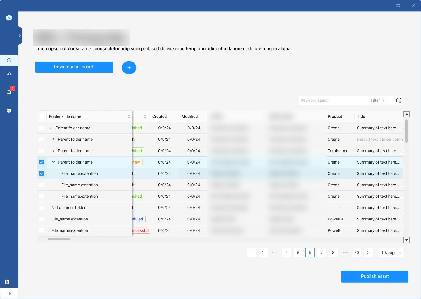 The built asset table for a client, showing folders and files with status, created and modified dates, author, editor, product and title