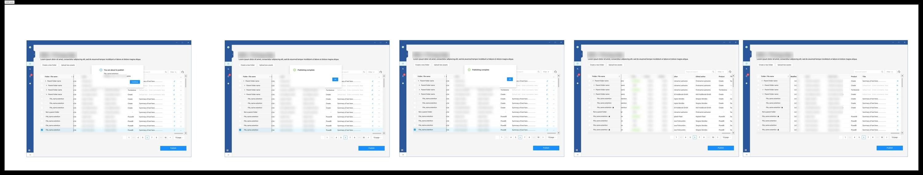 The publish flow laid out as a strip of consecutive screens, ending in a confirmation that publishing is complete