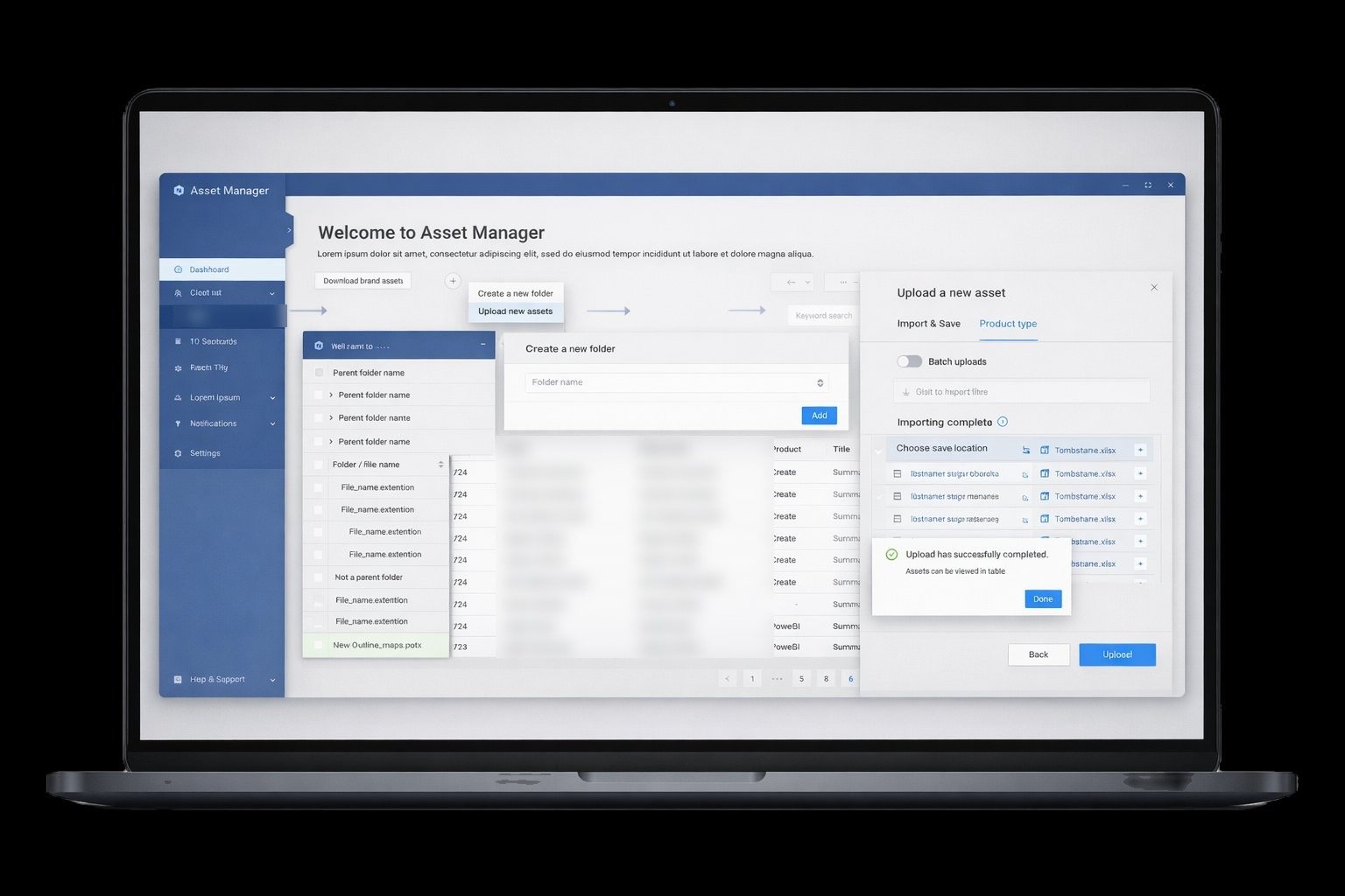 The finished Asset Manager on a laptop, with the welcome screen, create folder, upload and import-complete states layered over the asset table