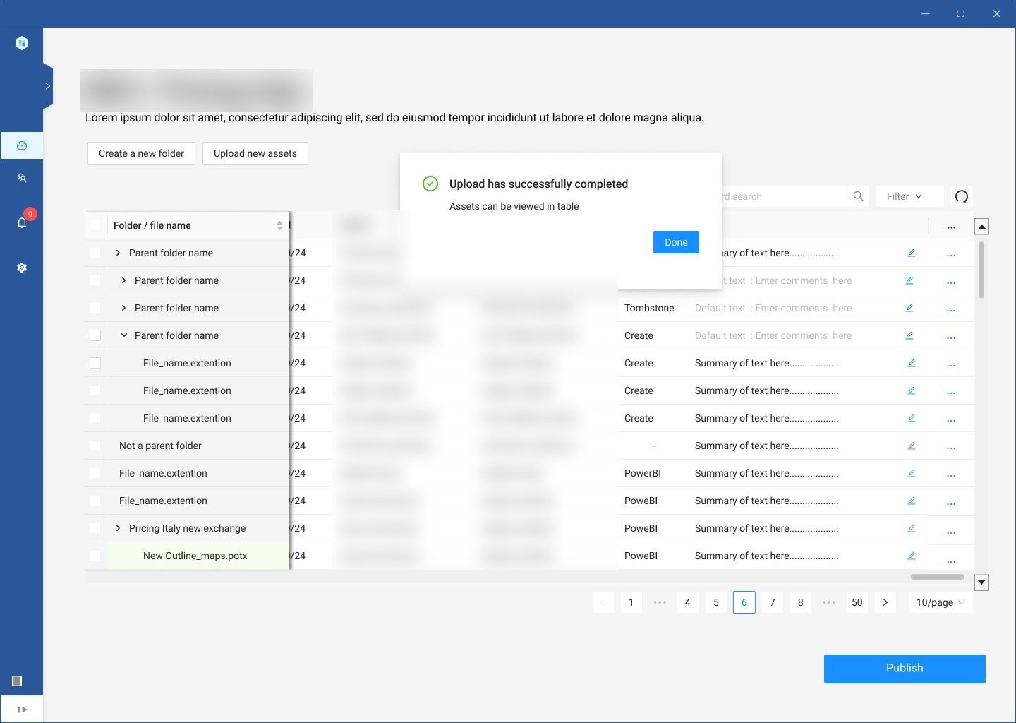 The built upload confirmation, telling the user the upload succeeded and the assets can be viewed or edited