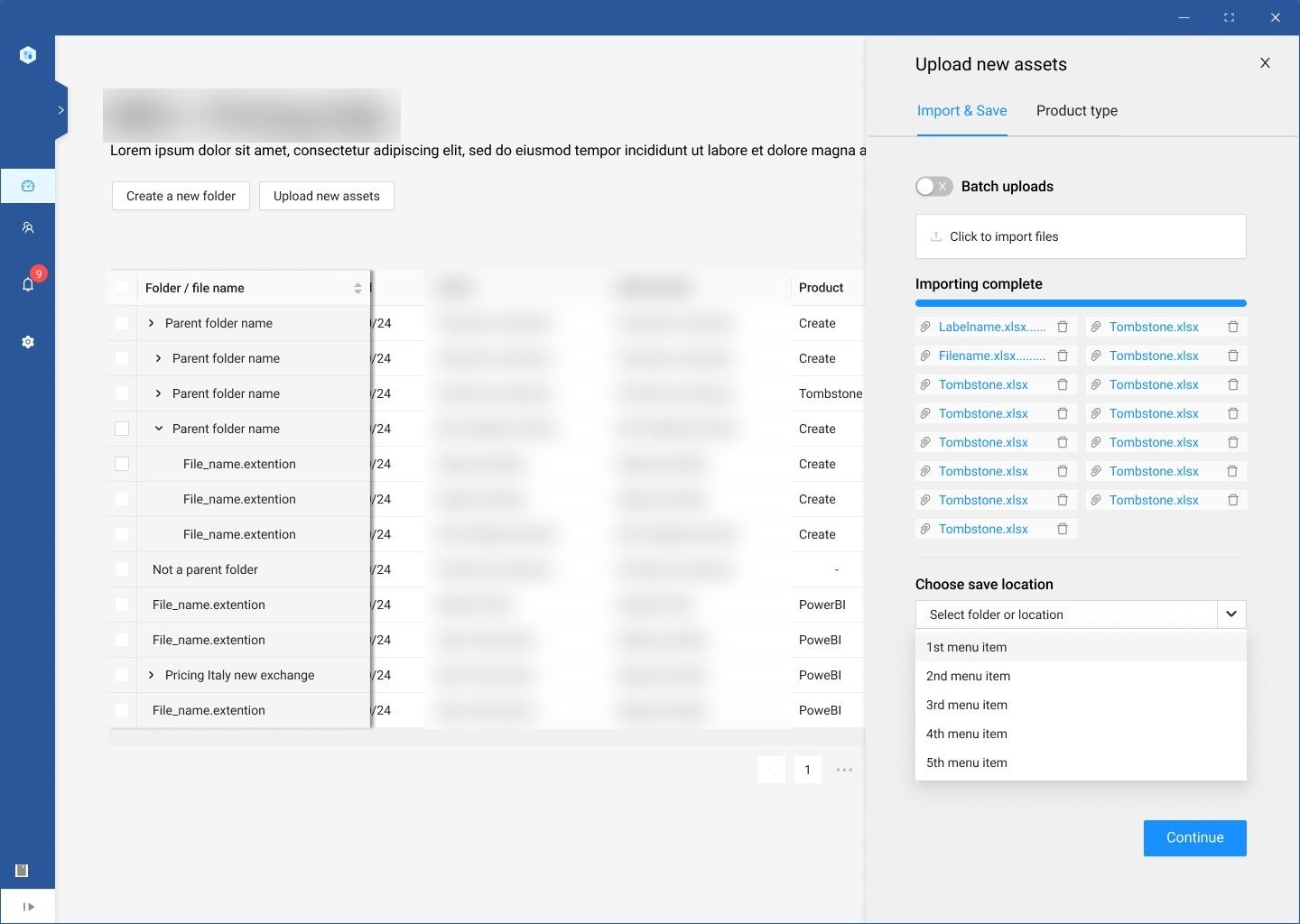 The built import drawer with batch uploads switched on, a list of files importing, and a save location picker