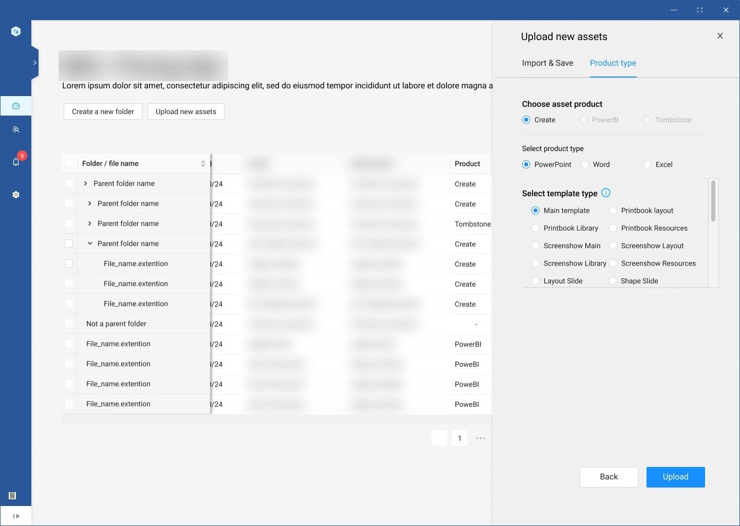 The product type step: choose PowerPoint, Word or Excel, then the template subtype such as report, pitchbook or layout