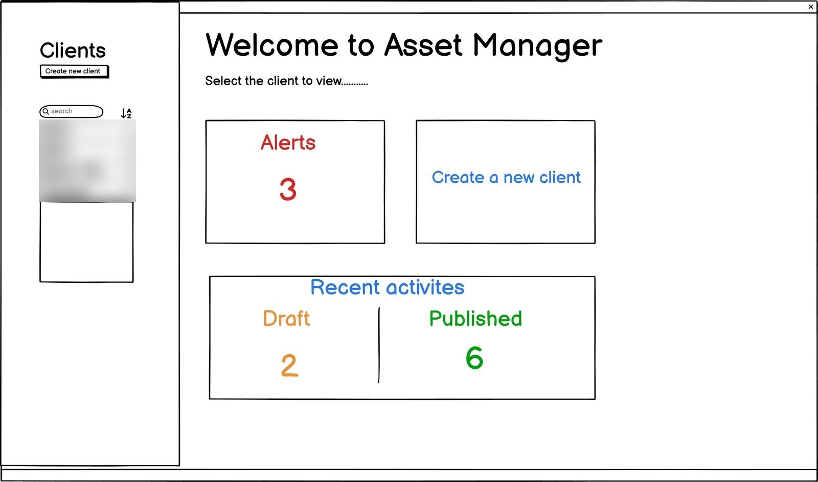 Wireframe of the welcome screen: pick a client to view, with alerts, create a new client, and recent activity split into draft and published