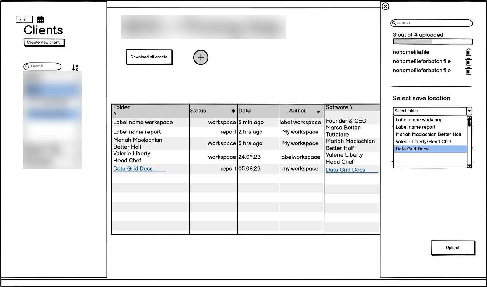 Wireframe showing the save location picker open, with a folder highlighted in the table behind it