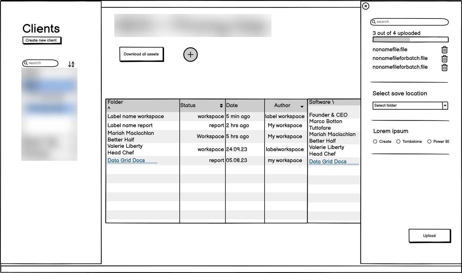 Wireframe of the upload panel sliding out over the asset table, listing the files uploaded and asking for a save location