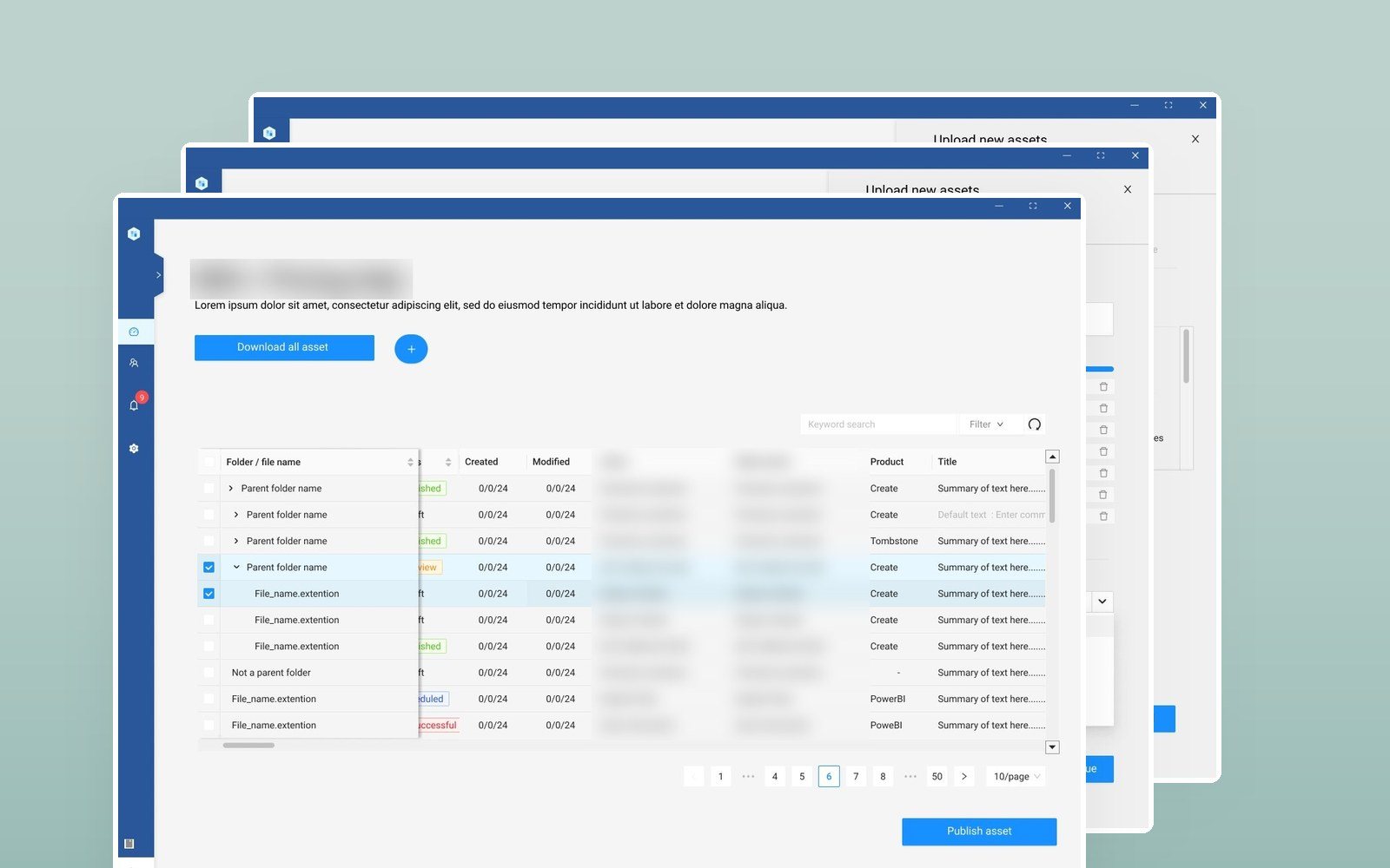Screens from the Asset Manager: the asset table, the import drawer and the finished tool on a laptop