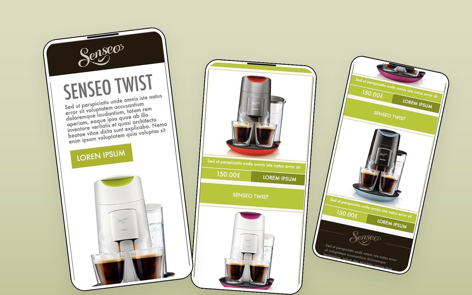The Douwe Egberts email on three handsets, alongside the desktop build and the module library