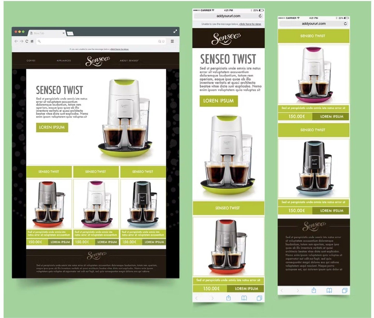 The Senseo Twist campaign shown in a desktop browser alongside two mobile versions