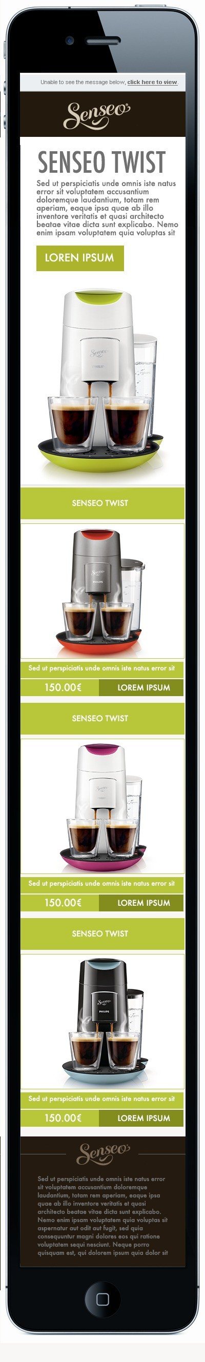 The same campaign on a phone, with the three-across product row stacked into three full-width blocks