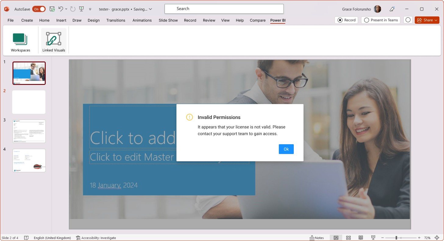 The invalid permissions state shown inside PowerPoint, telling the user their licence is not valid and to contact their support team