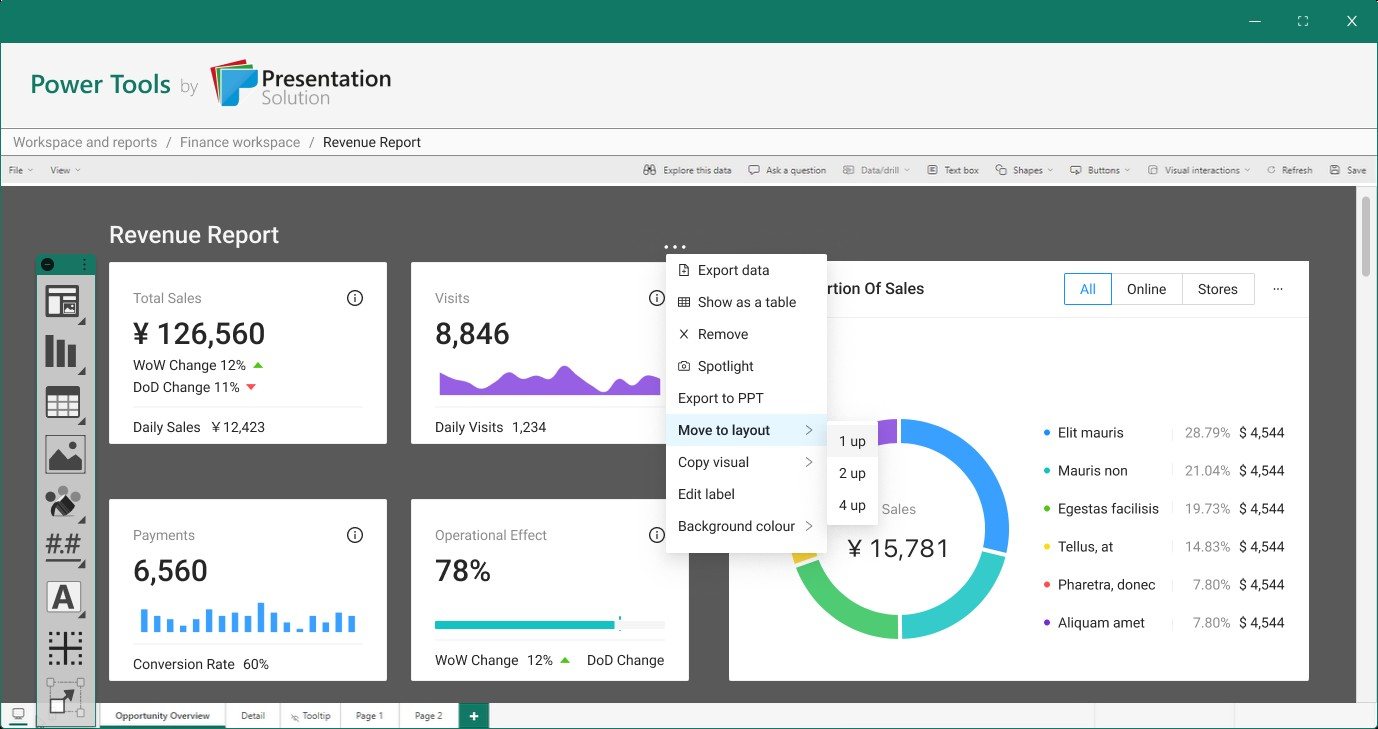 A revenue report with the visual menu open, showing export data, show as a table, spotlight, export to PPT and move to layout