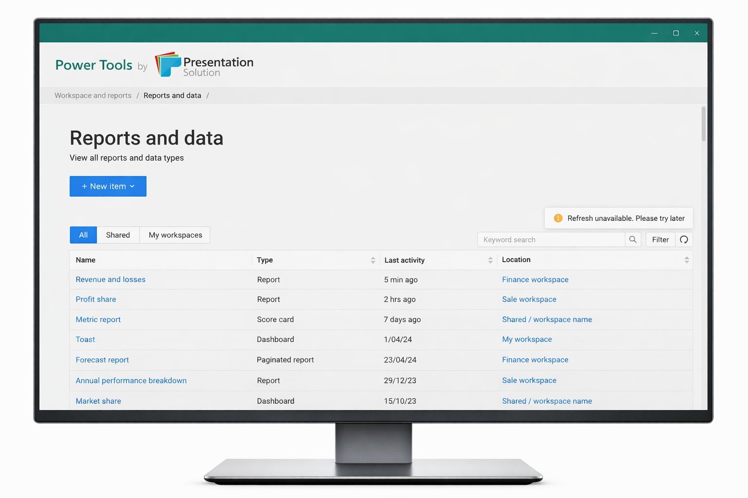 Reports and data: a filterable list of every report and data type with its location