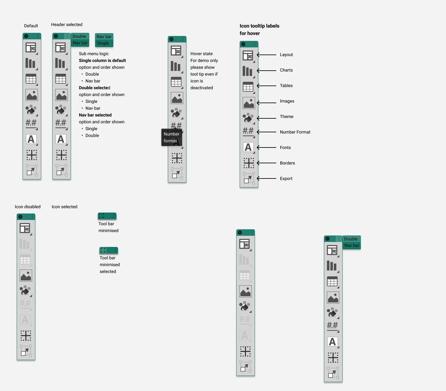 Toolbar state exploration: default, header selected, single and multiple selection, disabled icons and a labelled variant