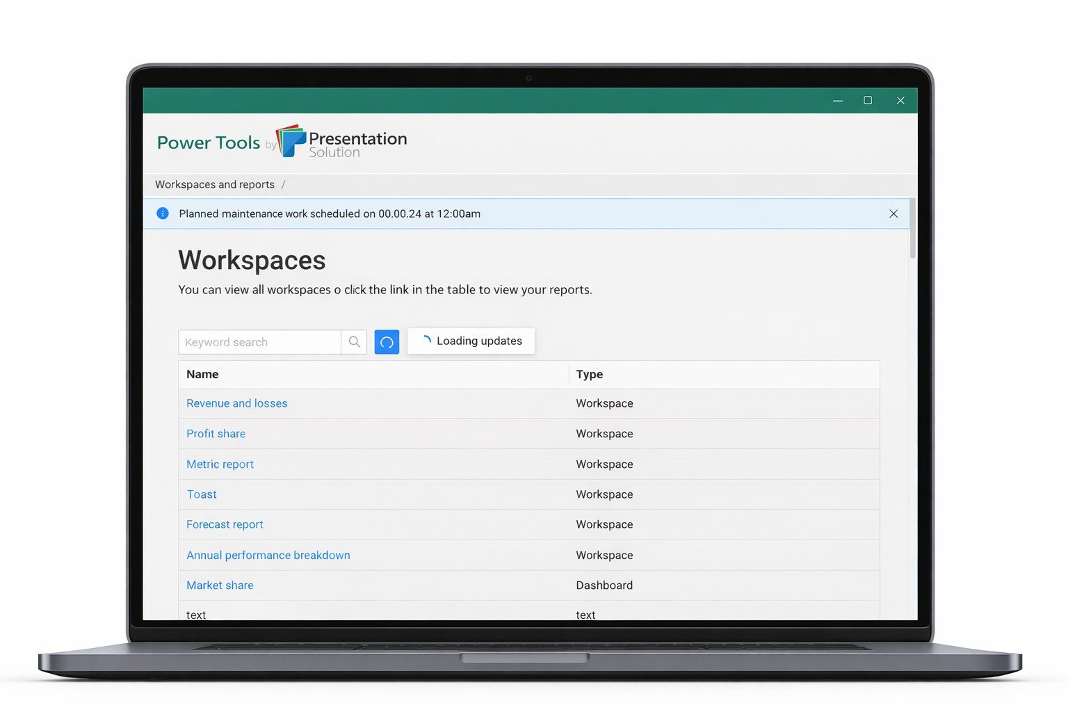 The Power Tools add-in showing every workspace a person can reach, with report and dashboard types listed alongside