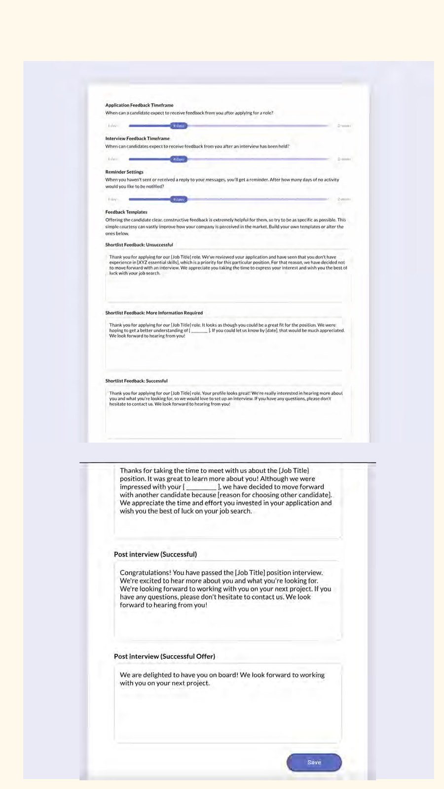 The original communication setup screen, a long single-column form of message templates