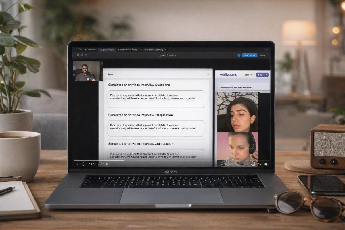 The prototype in a concept testing session, showing the simulated short video interview alongside a candidate's recorded answers