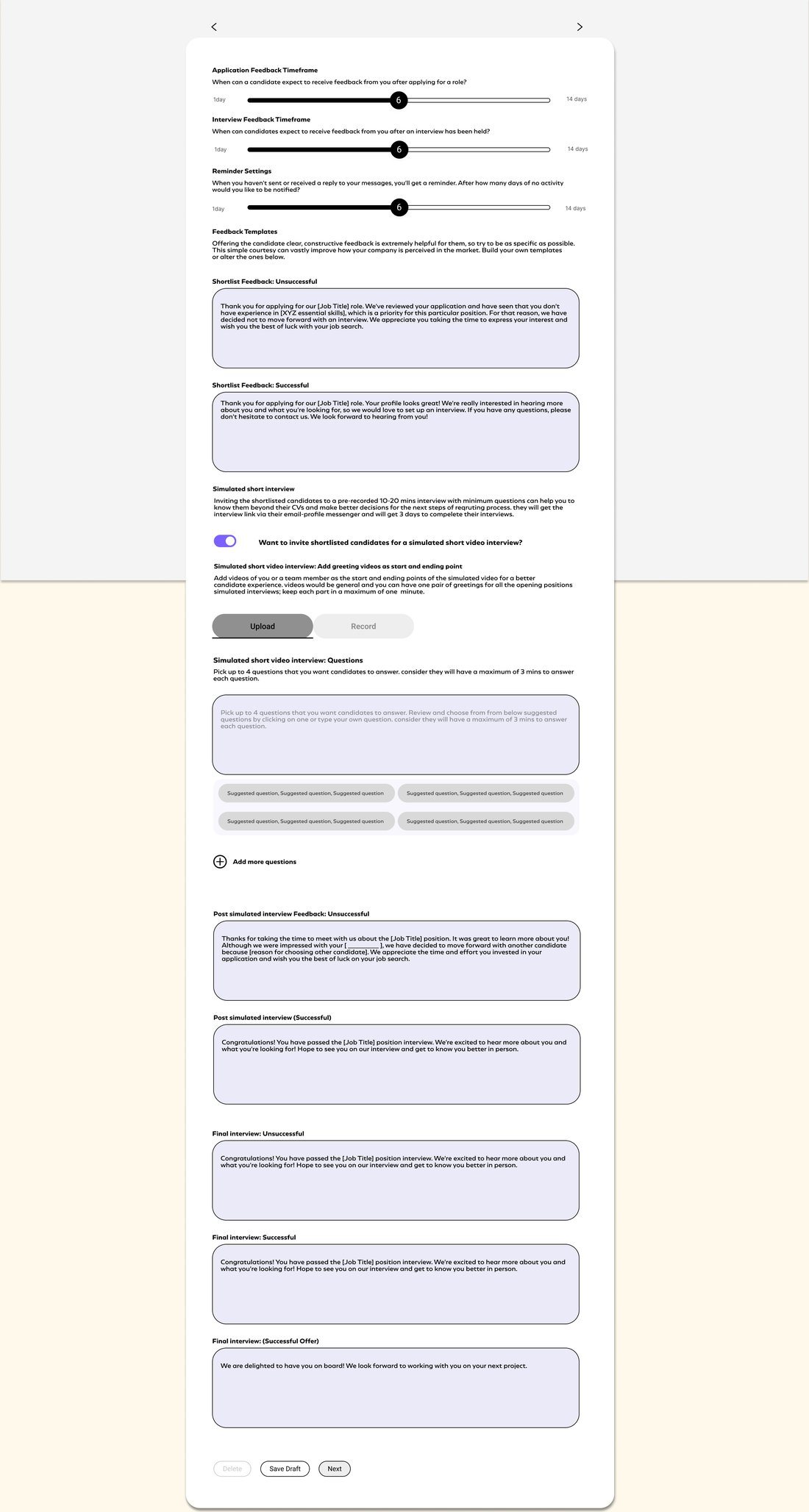 The final communication setup: feedback timeframes, reminder settings, editable message templates and the simulated short video interview questions