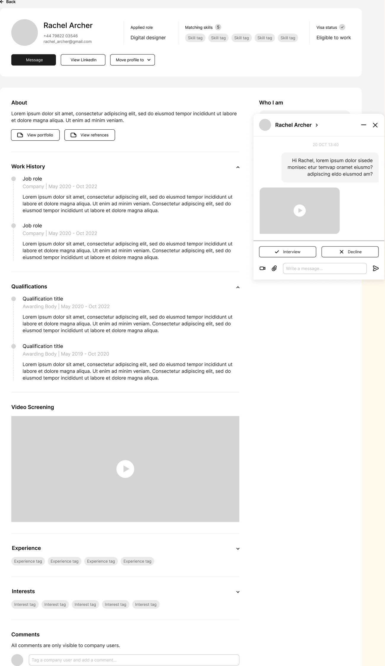 The final candidate profile: about, work history, qualifications, video screening, experience, interests, a Who I am column and company-only comments