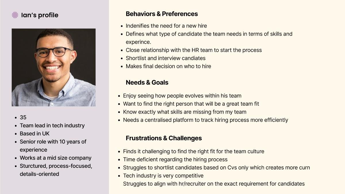 Persona insights summarising the needs, motivations and frustrations of hiring managers